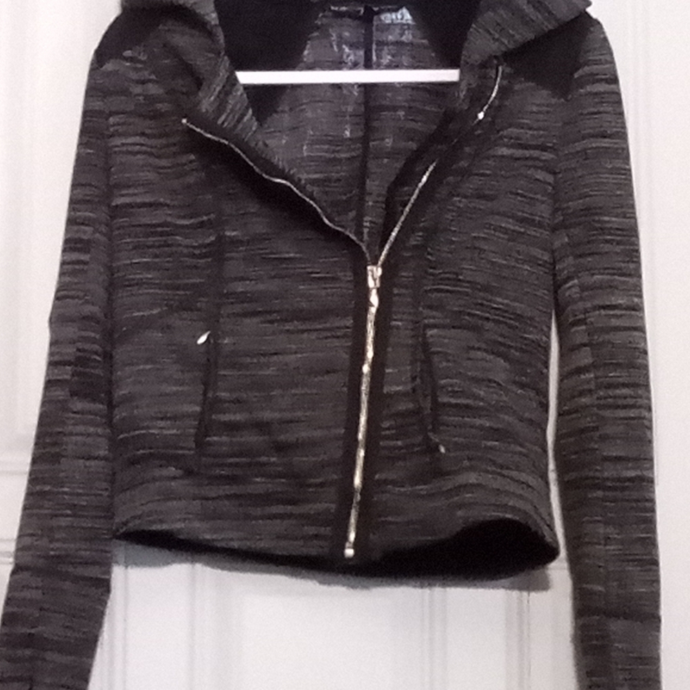 White House Black Market Black and Gray Bomber Jacket Hoodie With Thumb Holes
